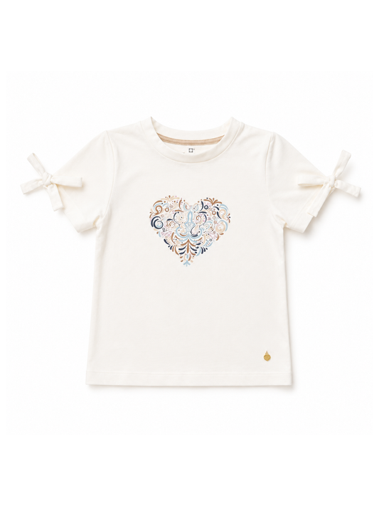 Meisjes T-shirt Wit met Hartprint en Strikjes - Funkle Premium Jersey