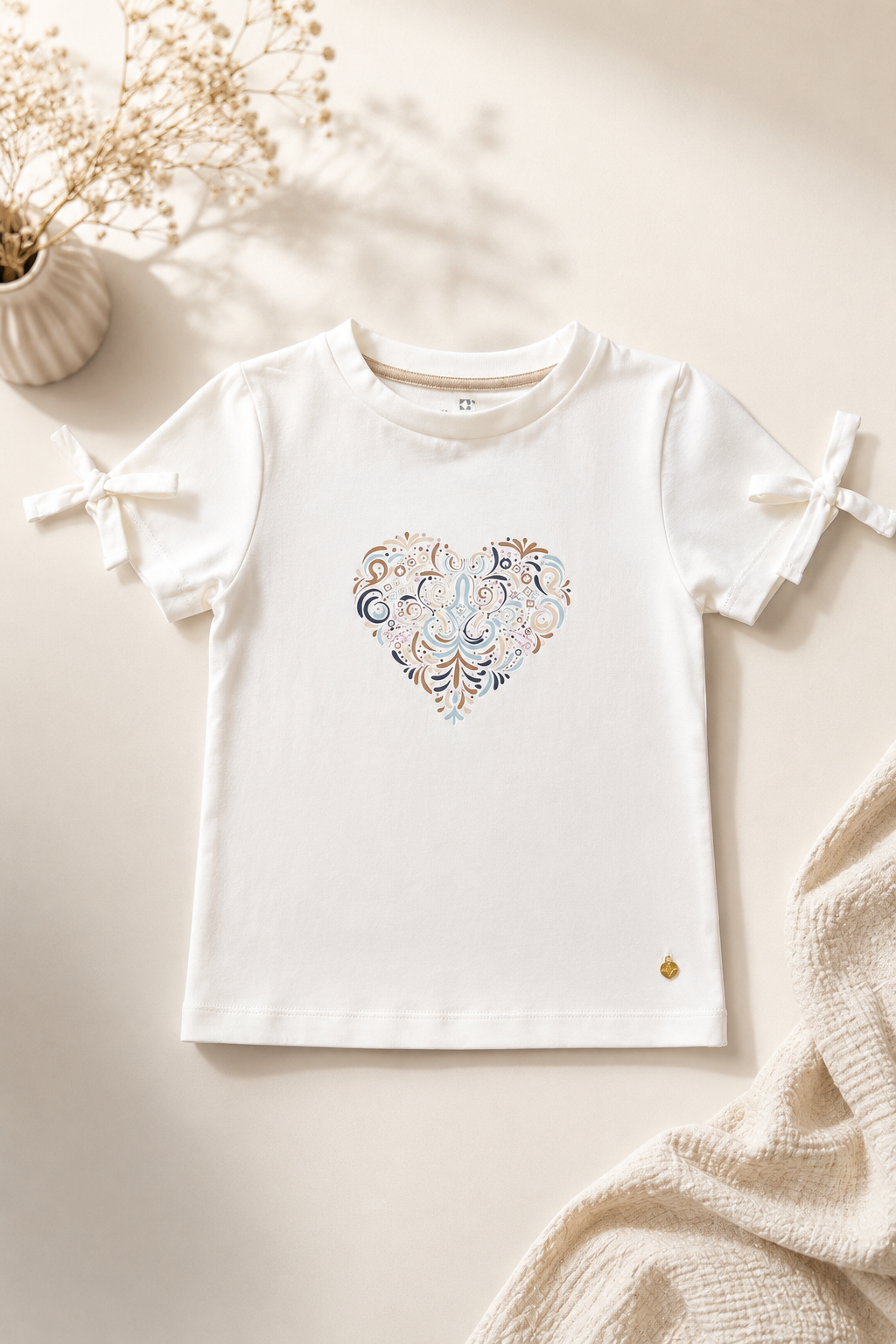 Meisjes T-shirt Wit met Hartprint en Strikjes - Funkle Premium Jersey