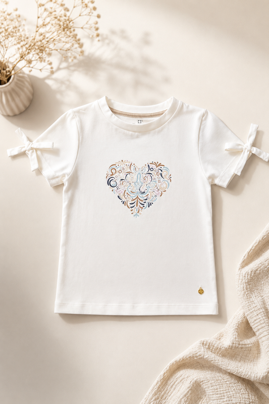 Meisjes T-shirt Wit met Hartprint en Strikjes - Funkle Premium Jersey